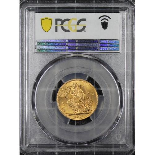 176 - 1911 Sovereign, PCGS MS64, George V. Obv. Bare head, rev. St. George and the Dragon. Lustrous, UNC. ... 