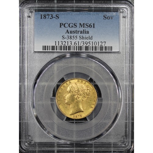 132 - 1873-S Sovereign, PCGS MS61, Victoria young head with WW raised on truncation, Rev. crowned shield w... 