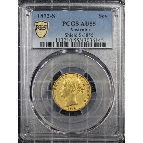 129 - 1872-S Sovereign, PCGS AU55, Victoria young head with WW raised on truncation, Rev. crowned shield w... 