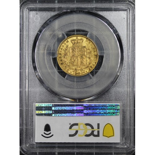 129 - 1872-S Sovereign, PCGS AU55, Victoria young head with WW raised on truncation, Rev. crowned shield w... 