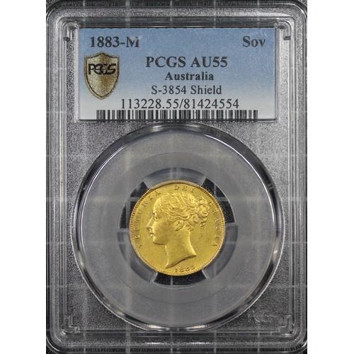 131 - 1883-M Sovereign, PCGS AU55, Victoria young head, Rev. crowned shield with laurel wreath surrounding... 