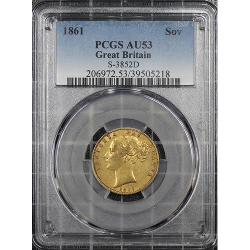 125 - 1861 Sovereign, PCGS AU53, Victoria young head, Rev. crowned shield with laurel wreath surrounding. ... 