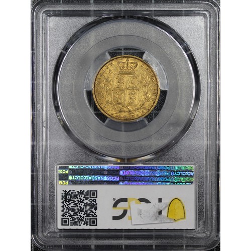 125 - 1861 Sovereign, PCGS AU53, Victoria young head, Rev. crowned shield with laurel wreath surrounding. ... 