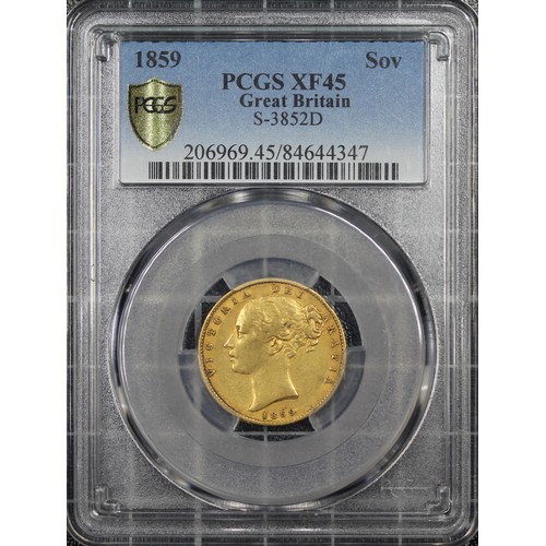 124 - 1859 Sovereign, PCGS XF45, Victoria young head, Rev. crowned shield with laurel wreath surrounding. ... 