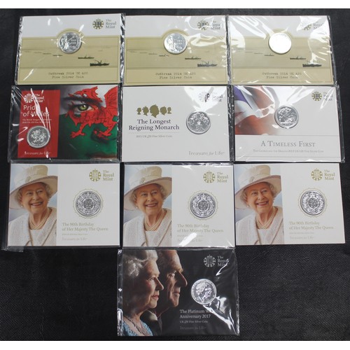 236 - BUNC Silver £20 coins (10) comprising 2013 George & Dragon Timeless First, 2014 Outbreak of WWI ... 