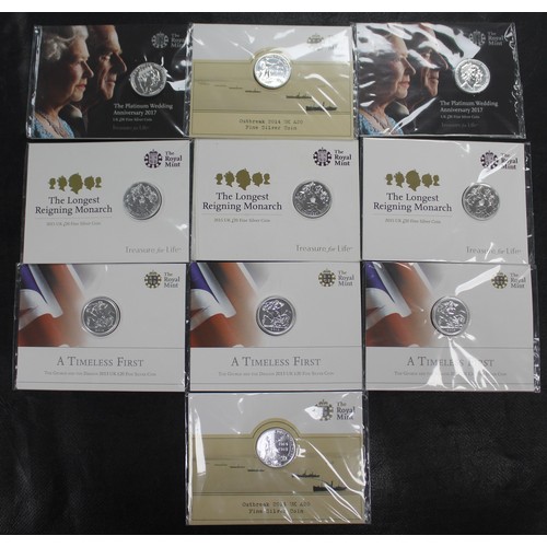 237 - BUNC Silver £20 coins (10) comprising 2013 George & Dragon Timeless First (3), 2014 Outbreak of ... 