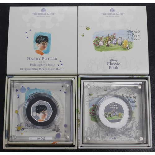 258 - A pair of silver proof 50p coins with young collector interest comprising 2022 Harry Potter with col... 