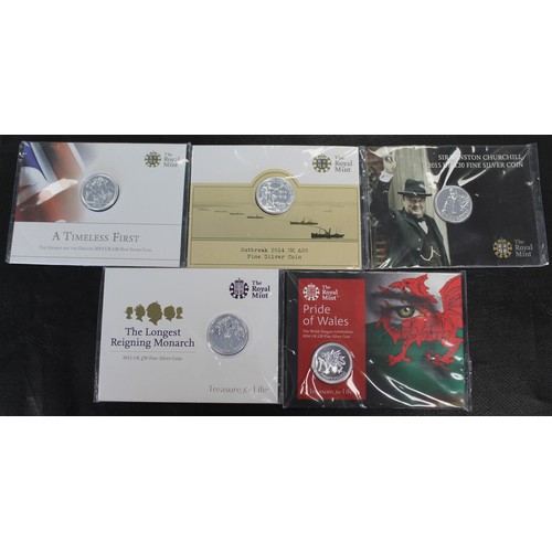 238 - BUNC Silver £20 coins (5) comprising 2013 George & Dragon, 2014 Outbreak of WWI, 2015 Winston Ch... 