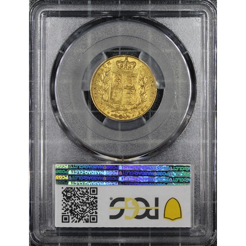 114 - 1845 Sovereign, PCGS AU53, Victoria young head, shield reverse. VF, GVF in places. [Marsh 28, S.3852... 