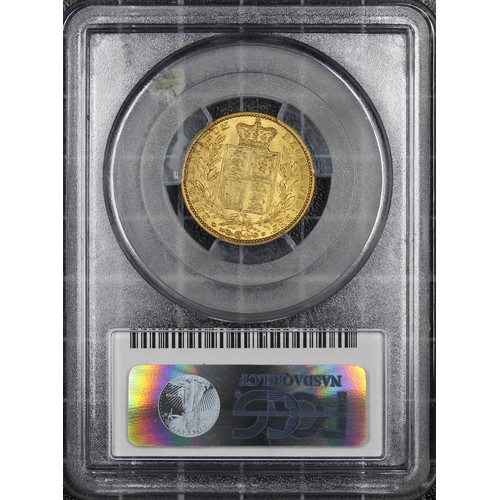 116 - 1848 Sovereign, PCGS AU58, Victoria young head, shield reverse with repositioned legend. EF with und... 