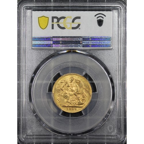 172 - 1908-M Sovereign, PCGS MS62, Edward VII. Obv. Bare head, rev. St. George and the Dragon (M on ground... 