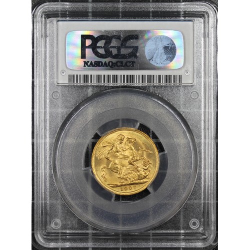 169 - 1907-M Sovereign, PCGS MS63, Edward VII. Obv. Bare head, rev. St. George and the Dragon (M on ground... 