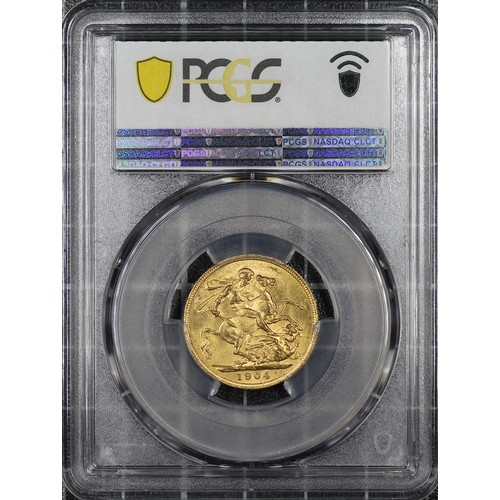 168 - 1904-S Sovereign, PCGS MS61, Edward VII. Obv. Bare head, rev. St. George and the Dragon (S on ground... 