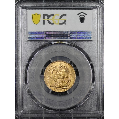 171 - 1908-P Sovereign, PCGS MS63, Edward VII. Obv. Bare head, rev. St. George and the Dragon (P on ground... 