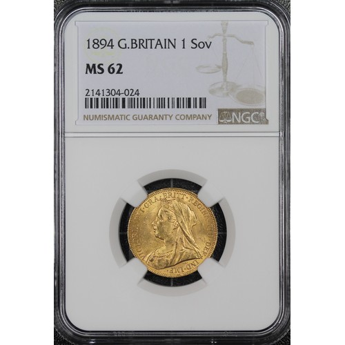 154 - 1894 Sovereign, NGC MS62, Victoria veiled head. Lustrous, gEF/aUNC. [Marsh 146, S.3874]  ... 