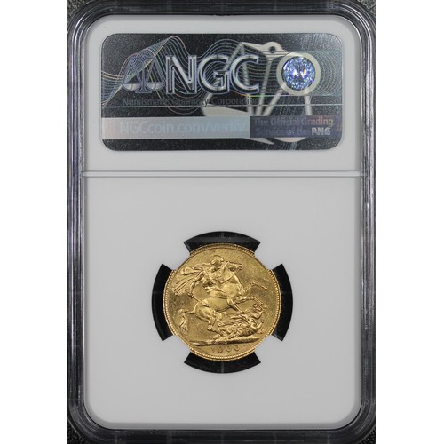 161 - 1900-S Sovereign, NGC MS62, Victoria. Obv. Veiled head facing left, rev. St. George and the Dragon (... 