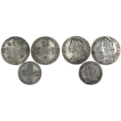 308 - A trio of early milled silver issues including 1741 shilling, 1745 LIMA shilling & 1757 sixpence... 