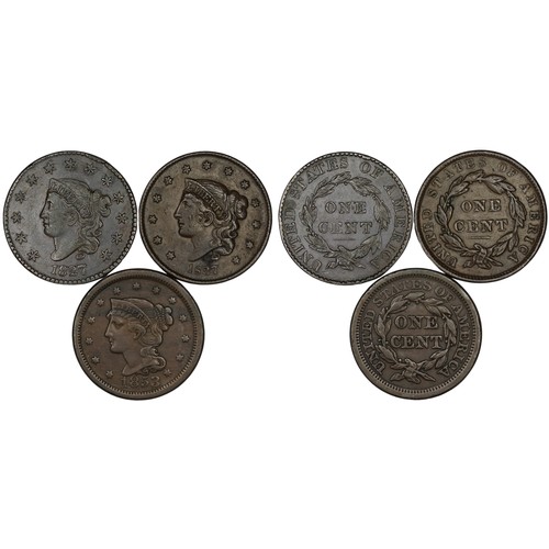 318 - USA 1 cent coins (3) comprising 1827, 1837 & 1853. The first particularly appealing, a small spo... 