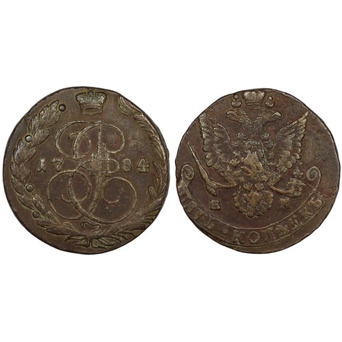 316 - Russia, 1784 5 Kopeks, Catherine II. Slightly off-struck and some residue throughout the devices. nV... 