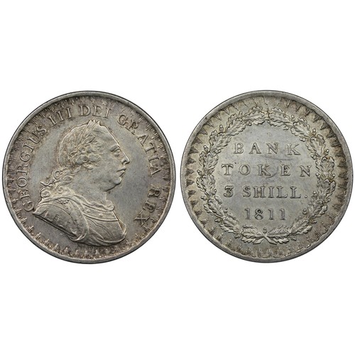 73 - 1811 Three Shillings Bank Token, George III, type A1/1 with 27 acorns to reverse. Small die crack fr... 