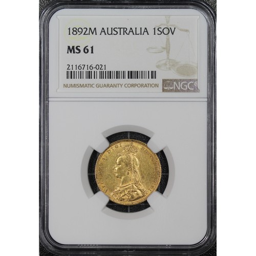 152 - 1892-M Sovereign, NGC MS61, Victoria Jubilee head. Rev. St. George and the Dragon (M on ground below... 