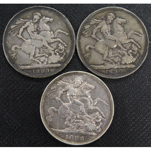 309 - Crowns (3) all Victoria Jubilee head comprising 1889, 1890 & 1892. Mixed grades, Fair to NVF.