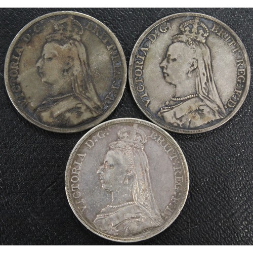 309 - Crowns (3) all Victoria Jubilee head comprising 1889, 1890 & 1892. Mixed grades, Fair to NVF.