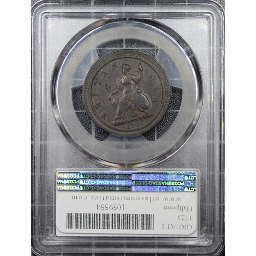 24 - 1723 Half penny, PCGS XF45, George I. Obv. second bust, Rev. Britannia seated with date in exergue. ... 