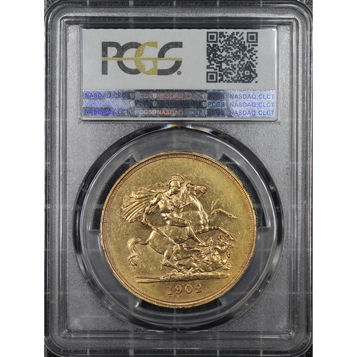 112 - 1902 Five Pounds (£5) or Quintuple Sovereign, PCGS AU55, Edward VII. Obv. bare head facing right, Re... 