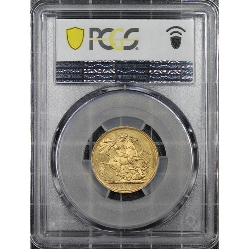 164 - 1901-S Sovereign, PCGS MS62, Victoria. Obv. Veiled head facing left, rev. St. George and the Dragon ... 