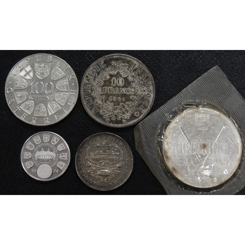 312 - World silver coins (5) to include France 1966 10 Francs, Australia 1927 florin, Austria 1975 100 Sch... 