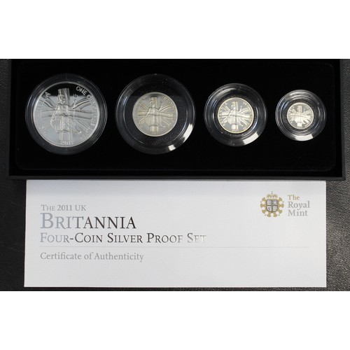 197 - 2011 Silver proof Britannia 4-coin set, Elizabeth II. Special reverse design by David Mach. Free of ... 