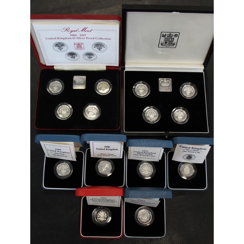 231 - Silver proof & silver proof piedfort £1 coins (14) including 1984-1987 silver proof 4-coin set, ... 