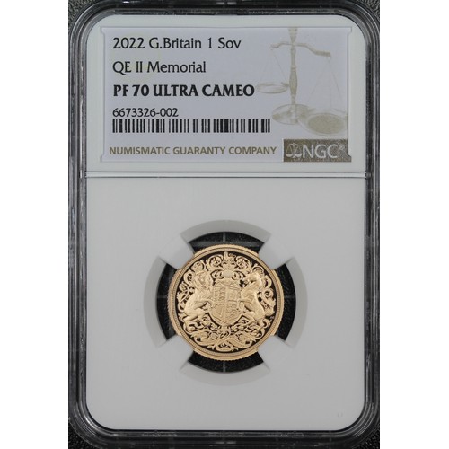 185 - NGC PF70 Ultra Cameo 2022 Proof sovereign, Charles III. Memorial special reverse design by Jody Clar... 