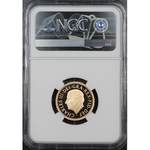 185 - NGC PF70 Ultra Cameo 2022 Proof sovereign, Charles III. Memorial special reverse design by Jody Clar... 