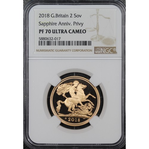 153 - NGC PF70 Ultra Cameo 2018 Proof double sovereign/two pounds, Elizabeth II. Obverse portrait by Jody ... 