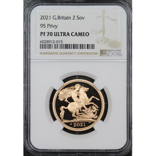 154 - NGC PF70 Ultra Cameo 2021 Gold proof two sovereign/two pounds, Elizabeth II. Obverse portrait by Jod... 