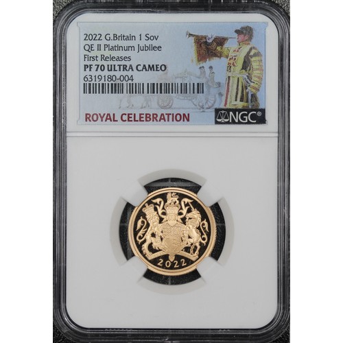 139 - NGC PF70 Ultra Cameo 2022 Proof sovereign, Elizabeth II. Platinum Jubilee special reverse design by ... 