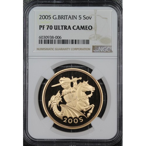 156 - NGC PF70 Ultra Cameo 2005 Proof 5 sovereigns/five pounds, Elizabeth II. Special reverse design with ... 