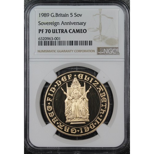 155 - NGC PF70 Ultra Cameo 1989 Proof five sovereign/five pounds, Elizabeth II. One of the key special des... 