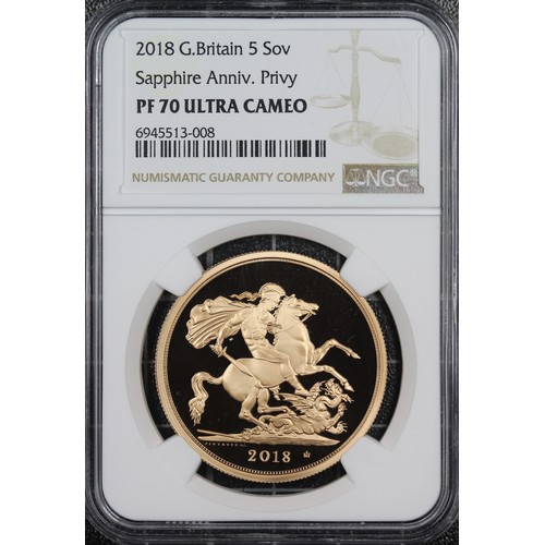 161 - NGC PF70 Ultra Cameo 2018 Gold proof five sovereign/five pounds, Elizabeth II. Obverse portrait by J... 