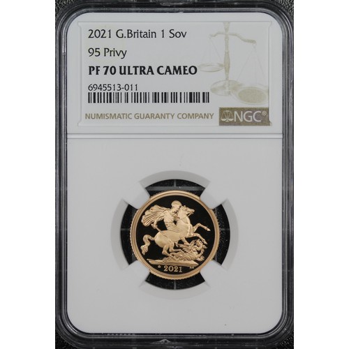 138 - NGC PF70 Ultra Cameo 2021 Proof sovereign, Elizabeth II. Crowned 95 privy in exergue celebrating the... 