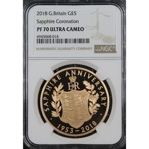 162 - NGC PF70 Ultra Cameo 2018 Gold proof five pounds (£5), Elizabeth II. Obverse portrait by Jody Clark.... 