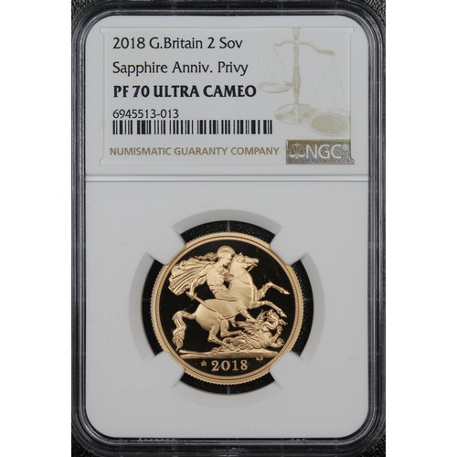 186 - NGC PF70 Ultra Cameo 2018 Proof double sovereign/two pounds, Elizabeth II. Obverse portrait by Jody ... 