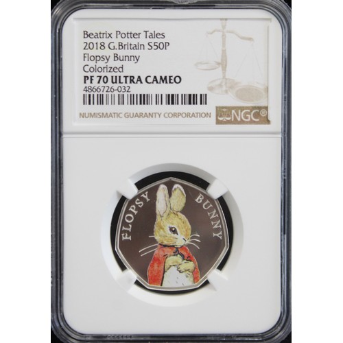 219 - 2018 Silver proof 50p featuring Flopsy Bunny with colour finish. Graded NGC PF70 Ultra Cameo and one... 