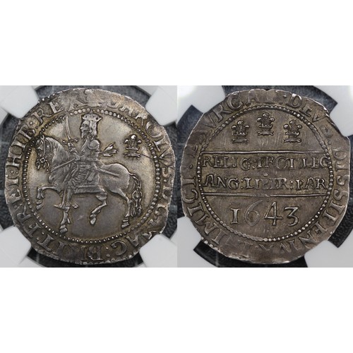 36 - Charles I (1625-1649) 1643 halfcrown, mm. plume. NGC AU58. Obv. Oxford horseman without groundline, ... 