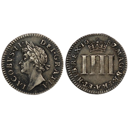 64 - 1687/6 Maundy fourpence, James II. A most attractive example with deep toning in places. aEF/EF. [ES... 