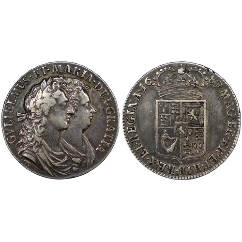 120 - 1689 Halfcrown, William & Mary. Edge PRIMO. First bust, second shield. No frosting, with pearls.... 