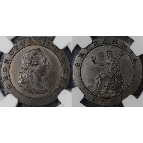 43 - 1797 Bronzed copper restrike pattern farthing, NGC PF63 BN, George III. Obv. laureate and draped bus... 