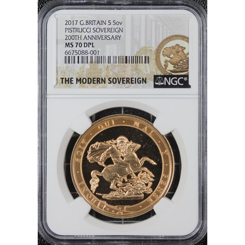 160 - 2017 Five sovereign/five pounds, NGC MS70 DPL, Elizabeth II. Struck to brilliant uncirculated standa... 